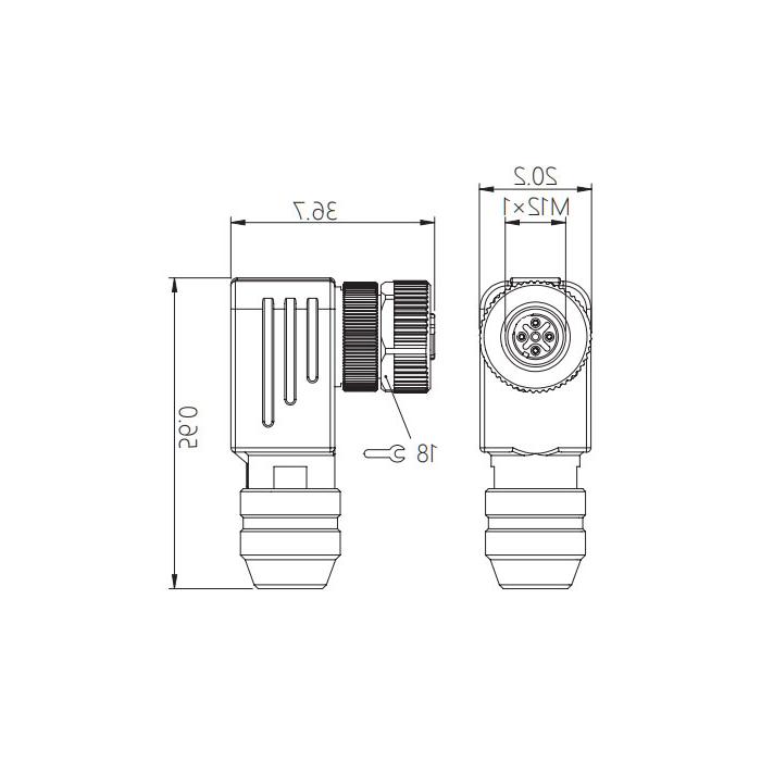 M12 4Pin、母头90°、螺钉连接、金属屏蔽、64F481